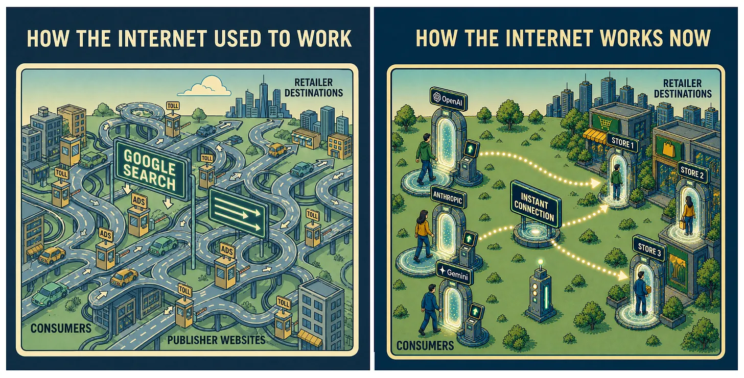 Left, the old internet drawn as a tangle of toll roads and ad booths between consumers and retailer destinations. Right, consumers stepping through OpenAI, Anthropic and Gemini portals straight to the stores.